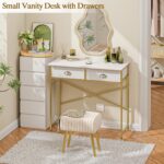 Small Vanity Desk No Mirror for Kids Bedroom, 31.5 Inch Vanity Table with Drawers, Makeup Vanity Desk for Narrow Spaces, White and Gold(No Mirror) - Image 4
