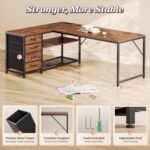 PRAISUN 61" L Shaped Desk with Power Outlets and USB-C Port, Reversible Computer Corner Office Desk with 4 Fabric Drawers and 2 Height-Adjustable Shelves, Large for Gaming Writing Study, Rustic Brown - Image 9