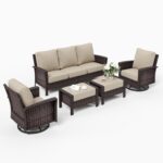 5 Pieces Patio Furniture Set with Swivel Chairs, High Back Wicker Rattan Sofa with Extra Thick Cushion and Ottoman, Outdoor Conversation Set for Garden Backyard Deck,Beige - Image 10
