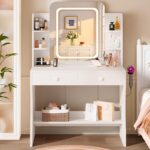 Makeup Vanity Desk with Smart LED Mirror and Power Outlet, Small Makeup Vanity Table with 2 Drawer and 5 Shelves, Dressing Table-White - Image 2
