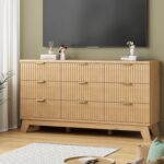 Fluted Dresser for Bedroom with 9 Drawers, 57" Wide Modern Chest of Drawers with Metal Handle, Wooden Dresser TV Stand, Wood Closet Clothes Storage Organizer for Living Room, Hallway, Natural Oak - Image 8