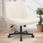Orange Factory Criss Cross Chair Wheels Wide Cross Legged Office Desk Vanity Chair Comfy Fabric Armless Adjustable Swivel for Home Computer Task (Beige) - Image 2