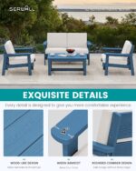 SERWALL 4 Piece HDPE Outdoor Furniture Set, All Weather Wood-Like Outdoor Sofa Sectional Couch, Bllue Patio Furniture Set with Khaki Cushions - Image 5