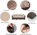 WAROOM Patio Couch PE Wicker 3-Seat Outdoor Brown Rattan Sofa Deep Seating Furniture with Non-Slip Beige Cushion - Image 4