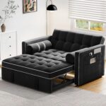 Pipishell 3 in 1 Convertible Sleeper Sofa Bed,Pull Out Couch for Living Room with USB Ports & Side Pockets,Adjustable Backrest,Velvet,Loveseat Sofa Bed,Futon Couches,Black - Image 9