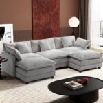 Ihanherry 111.4" U Shaped Modern Cloud Sofa Modular Sectional Couch with 2 Ottoman, 5-Seat Chenille Deep Seat Sofa with Pillow for Living Room, Bedroom and Apartment, Grey - Image 2