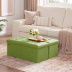 HAUSFRAU 31.5 Inches Ottoman with Storage Bench, Folding Ottoman Bench Small Foot Rest Stool, Bedroom Bench with Flipping Lid, Linen Avocado - Image 5