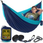Durable Hammock 400 lb Capacity, Nylon Camping Hammock Chair - Double or Single Sizes w/Tree Straps and Attached Carry Bag - Portable for Travel/Backpacking/Beach/Backyard (Medium, Blue & Light Blue) - Image 2
