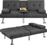 Yaheetech Convertible Sofa Bed Adjustable Fabric Couch Sleeper Modern Recliner Reversible Loveseat Folding Daybed Guest Bed, Removable Armrests, Cup Holders, 3 Angles, 772lb Capacity, Dark Gray - Image 2