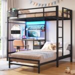 DICTAC Bunk Bed Twin Over Twin Size with Desk and Charging Station L-Shaped Metal Bunk Bed with Led Lights & Storage Shelves and Drawers Loft Beds with Safety Guardrail and Ladder for Teen,Black - Image 2