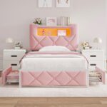 Twin Upholstered LED Bed Frame with 2 Storage Drawers and 2-Tier Storage Bookcase Headboard, Velvet Princess Platform Bed for Kids/Girls/Boys, Heavy Duty Metal Support, No Box Spring Needed, Pink - Image 8