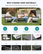 SERWALL 5 Pieces HDPE Outdoor Sofa Set with Cushions, All Weather Use Patio Conversation Couch Loveseat Furniture with Coffee Table for Balcony, Deck, Poolside, Grey Frame with Khaki Cushions - Image 5
