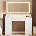 44" Vanity Desk with Large Mirror and Lights, Modern Glass Top Makeup Vanity Set with Power Outlet, 3 Drawers and 2 Cabinet, 3 Lighting Color Adjustable Dressing Table for Bedroom,Pure White - Image 2