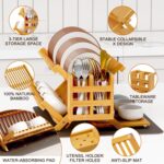 Greenual Bamboo Dish Drying Rack with Utensil Holder, 3 Tier Collapsible Dish Rack, Wooden Dish Racks for Kitchen Counter, Large Folding Drying Holder with Absorbent Dish Drying Mat - Image 6