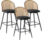 Black Bar Stools Set of 3, Swivel Counter Stools with Rattan Back & Metal Legs, 26" PU Leather Barstools Counter Height, Mid Century Modern Bar Chairs Island Stools for Kitchen Counter - Image 4