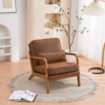 Karl home Accent Chair Mid-Century Modern Chair with Pillow Bronzing Cloth Upholstered Lounge Arm Chair with Solid Wood Frame & Soft Cushion for Living Room, Bedroom, Balcony, Brown - Image 2
