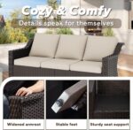77'' Patio Sofa, All Weather Outdoor Rattan Wicker 3-Seat Sofa High Back Couch with Premium Cushions for Garden Backyard Porch(Brown/Beige) - Image 5