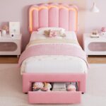 Twin Upholstered LED Bed Frame with Storage Drawer and Adjustable Chic Double Wavy Headboard, Velvet Princess Platform Bed for Girls/Kids, Solid Wood Slats Support, No Box Spring Needed, Pink - Image 4