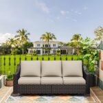 77'' Patio Sofa, All Weather Outdoor Rattan Wicker 3-Seat Sofa High Back Couch with Premium Cushions for Garden Backyard Porch(Brown/Beige) - Image 8