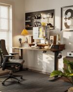 FEZIBO 48'' x 24'' Height Adjustable Electric Standing Desk with Double Drawer, Home Office Stand Up Table with 4 Height-Adjustable Feets & 2 Hooks, Vintage Brown - Image 10