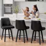 Counter Height Swivel Bar Stool, 24" Upholstered PU Leather Barstools Set of 4, Counter Stool Chair with Back & Solid Wood Legs for Kitchen Island Dining Room (Black) - Image 7