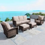 5 Pieces Patio Furniture Set with Swivel Chairs, High Back Wicker Rattan Sofa with Extra Thick Cushion and Ottoman, Outdoor Conversation Set for Garden Backyard Deck,Beige - Image 2