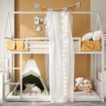 LIKIMIO Bunk Bed Twin Over Twin, House Bunk Bed Frame with Ladder and Guardrail, House Shaped with Metal Slats for Dormitory and Bedroom, Space Saving, No Box Spring Needed, White - Image 9
