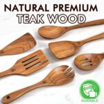 Wooden Spoons for Cooking, 6 Pcs Natural Teak Wooden Kitchen Utensils Set, Cooking Utensils Set with Long & Comfort Grip, Wooden Spoons Spatula Set Perfect for Non-Stick Cookware - Image 3