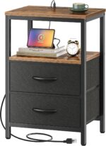 Huuger Nightstand with Charging Station, Side Table with Fabric Drawers, End Table with Open Shelf, Bedside Table with USB Ports and Outlets, Night Stand for Bedroom, Rustic Brown and Black - Image 2