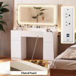 44" Vanity Desk with Large Mirror and Lights, Modern Glass Top Makeup Vanity Set with Power Outlet, 3 Drawers and 2 Cabinet, 3 Lighting Color Adjustable Dressing Table for Bedroom,Pure White - Image 7
