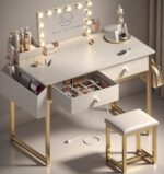 Makeup Vanity Desk No Mirror with Chair for Girls, White Small Vanity Table Set with Fabric Drawers, Power Outlet Without Mirror, Modern Make Up Desk for Bedroom - Image 2