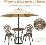 Yaheetech 3-Piece Outdoor Bistro Set w/Rose Design, Rust-Resistant Cast Aluminum Table and Chairs w/Umbrella Hole for Balcony Backyard Garden - Bronze - Image 6