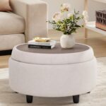 COLAMY Fabric Round Storage Ottoman with Reversible Tray Lid – Multi-Functional Footrest, Hidden Storage, Sturdy & Stylish Small Coffee Table for Living Room, Bedroom, or Entryway(Beige) - Image 2