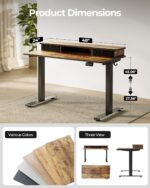 FEZIBO 48'' x 24'' Height Adjustable Electric Standing Desk with Double Drawer, Home Office Stand Up Table with 4 Height-Adjustable Feets & 2 Hooks, Vintage Brown - Image 4