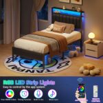 Furnulem Twin Size Bed Frame with Charging Station and LED Lights, Platform Bed with Metal Slats, Grey Upholstered Headboard with 2-Tier Storage Shelves, No Box Spring Needed - Image 5