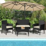 Yaheetech Patio Furniture Set 4 Pieces Conversation Sets, Rattan Chair Wicker Set Loveseat with Soft Cushion and Glass Table for Backyard Porch Garden Poolside Balcony, Black and Beige - Image 9