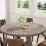 Tribesigns Round Dining Table Wood Kitchen Table for Dining Room, 47" Dinning Room Tables for 4 Adult, Farmhouse Dinner Table with Wooden Tabletop and Cross Base, Rustic Grey - Image 5