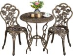 Yaheetech 3-Piece Outdoor Bistro Set w/Rose Design, Rust-Resistant Cast Aluminum Table and Chairs w/Umbrella Hole for Balcony Backyard Garden - Bronze - Image 2