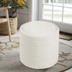 HomePop Storage Round Ottoman with Removable Lid Home Décor|Upholstered Round Foot Rest Ottoman - Cream Boucle - Image 3