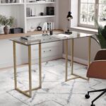 Martha Stewart Eli Home Office Desk with Glass Top and Steel Frame, Polished Brass - Image 3