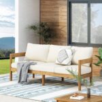Christopher Knight Home Brooklyn Outdoor 3 Seater Sofa with Cushions - Acacia Wood - Teak/Beige - Image 3
