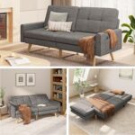 Gizoon Futon Sofa Bed, 70.9" Futon Couch with Adjustable Backrest, Removable Armrest for Extended Length, Mid Century Modern Loveseat for Living Room, 6 Wood Legs, 2 Metal Support Rods, Dark Grey - Image 2