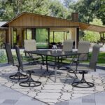 7-Piece Outdoor Dining Set, 6 Swivel Chairs＆63.5‘’ Rectangular Table All Weather Frame Furniture Set - Tan Grey Style1 - Image 6