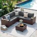 UDPATIO Patio Furniture Set, 8 Inch Armrest Outdoor Sectional Sofa, 6 Piece Wicker Outdoor Furniture Conversation Sets with Waterproof Cover and Coffee Table for Backyard Deck(Brown/Dark Grey) - Image 2