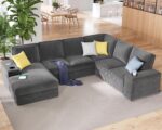 PaPaJet U Shaped Couch, 112 Inch Oversized Couch with Storage Chaise, Sectional Sofa with Cup Holders & 2 USB Ports, Corduroy Grey Sofa - Image 2