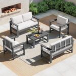 SERWALL 5 Pieces HDPE Outdoor Sofa Set with Cushions, All Weather Use Patio Conversation Couch Loveseat Furniture with Coffee Table for Balcony, Deck, Poolside, Grey Frame with Khaki Cushions - Image 2