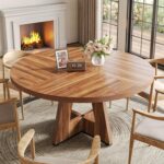 LITTLE TREE Round Dining Table for 4-6 People, 47 Inches Dining Room Table with Wooden Pedestal Base, Brown Dinner Tables, Circle Kitchen Tables for Dining Room, Kitchen, Living Room(Table Only) - Image 3