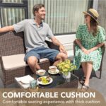 Devoko 4 Pieces Outdoor Patio Furniture Set, PE Rattan Wicker Chairs Balcony Lawn Porch Patio Furniture Sets with Beige Cushion and Table (Brown) - Image 4