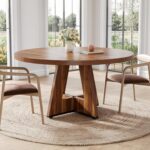 LITTLE TREE Round Dining Table for 4-6 People, 47 Inches Dining Room Table with Wooden Pedestal Base, Brown Dinner Tables, Circle Kitchen Tables for Dining Room, Kitchen, Living Room(Table Only) - Image 8