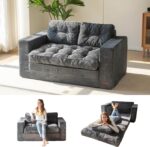 MAXYOYO Convertible Sofa Bed, Pull Out Loveseat Sleeper Sofa, 2 in 1 Folding Couch Bed, Fold Out Floor Couch with Pillows for Living Room Bedroom Lounge, Dark Grey - Image 2